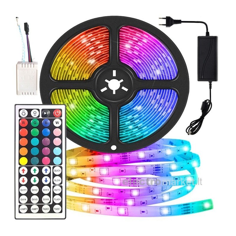 LED RGB 5M juosta įvairių spalvų su  pultu