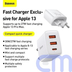 Baseus Travel Charger Compact Quick Charger U+U+C PD3.0, QC 3.0 30W EU White (CCXJ-E02) 15