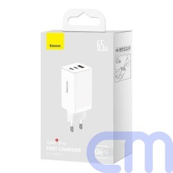 Baseus Travel Charger GaN5 Pro Fast wall charger, C+C+U, QC, AFC, PD 65W with Type-C to Type-C (100W) 1m, White EU (CCGP120202) 4