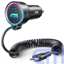 Joyroom Car Charger 3-in-1, C+U with Type-C Coiled Cable 1.5m, 55W, Black (JR-CL07) 2