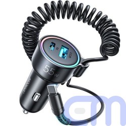 Joyroom Car Charger 3-in-1, C+U with Type-C Coiled Cable 1.5m, 55W, Black (JR-CL07) 3
