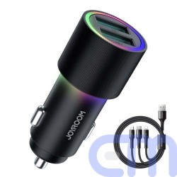 Joyroom Car Charger U+U, 24W, LED Light, with 3-in-1 Cable (Lightning + Type-C + Micro), 1.2m, Black (JR-CL10) 2