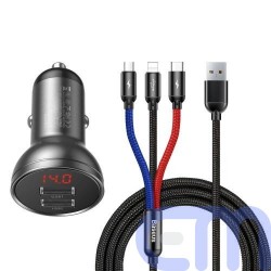 Baseus Car Charger Digital Display 2xUSB with 3-in-1 Cable 1.2m, 24W 4.8A, Black/Gray (TZCCBX-0G) 2