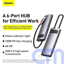 Baseus HUB Metal Gleam Series 6-in-1 Multifunctional Type-C to Type-C PD 100W, HDMI 4K-30 Hz, 3x USB 3.2, RJ45 Gray (CAHUB-CW0G) 6