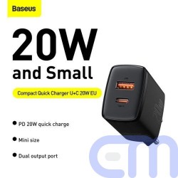 Baseus Travel Charger Compact Quick Charger U+C 20W EU Black (CCXJ-B01) 10