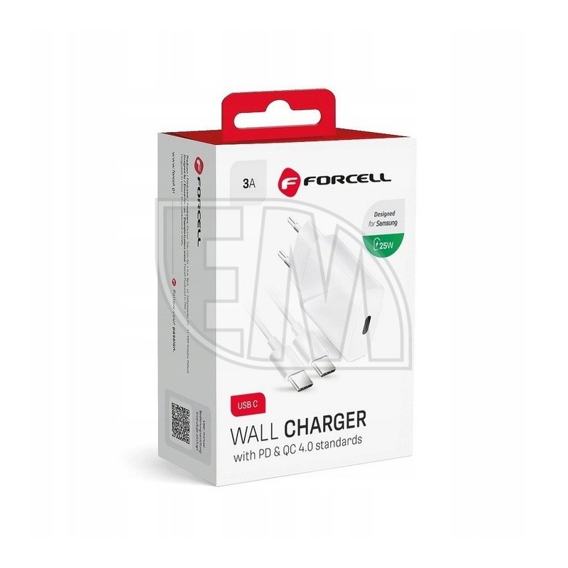 Forcell wall charger with type C USB connector and type C cable - 3A 25W with PD and QC 4.0 charging function