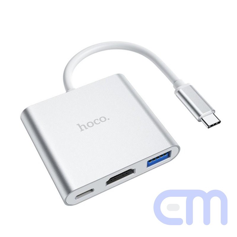 Adapteris Hoco HB14 Type-C to USB-A+HDMI+Type-C sidabrinis